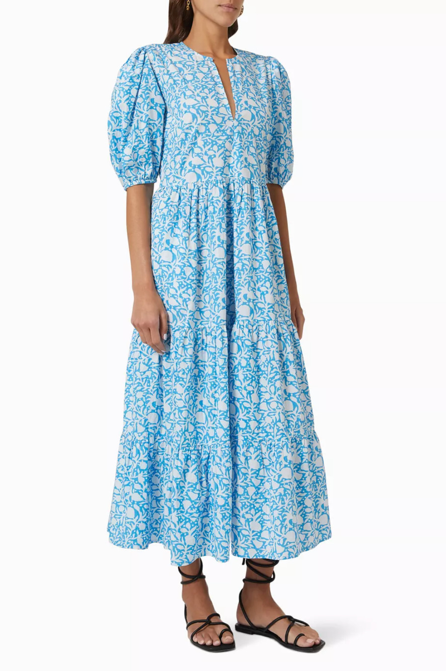OLIPHANT Tuckernuck Canary Blue White V-Neck Puff Sleeve Cotton Midi Maxi Dress